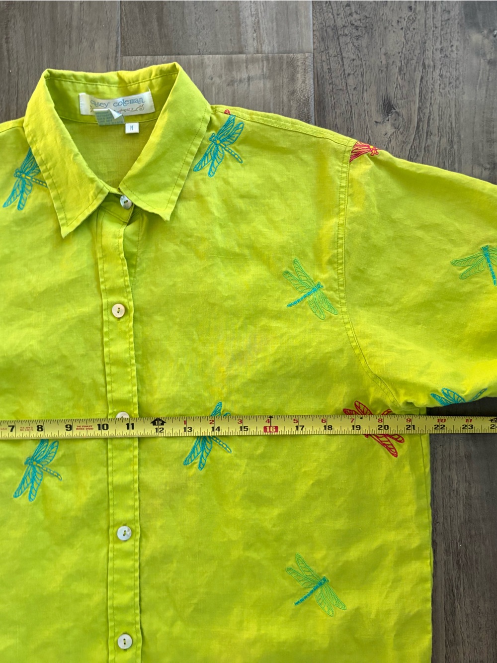 Vintage Casey Coleman Lime Green Dragonfly Linen Blouse Size M - Picture 3 of 7
